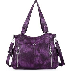👑Women Purple PU Leather Hobo Shoulder Bag with Top Handle and Zipper Pockets